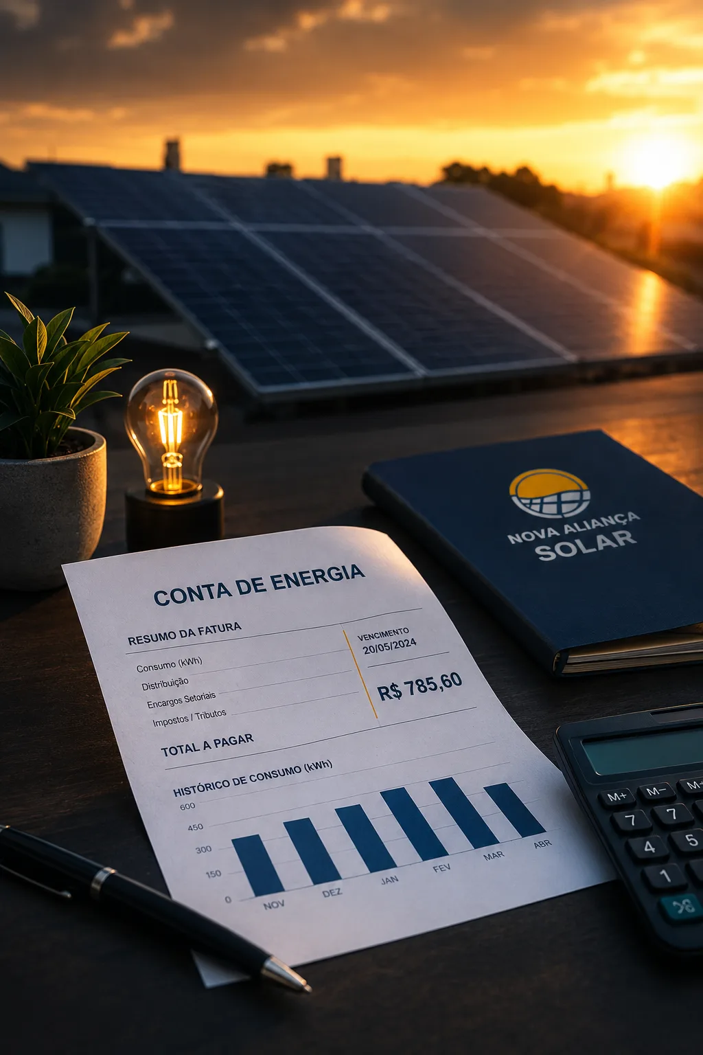 Conta de energia sobre mesa com painéis solares ao pôr do sol e material da Nova Aliança Solar